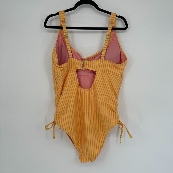 Adore Me Womens One Piece Swimsuit Size 2X Yellow Pink Stripe Beach Lined Ruched - Picture 2 of 12